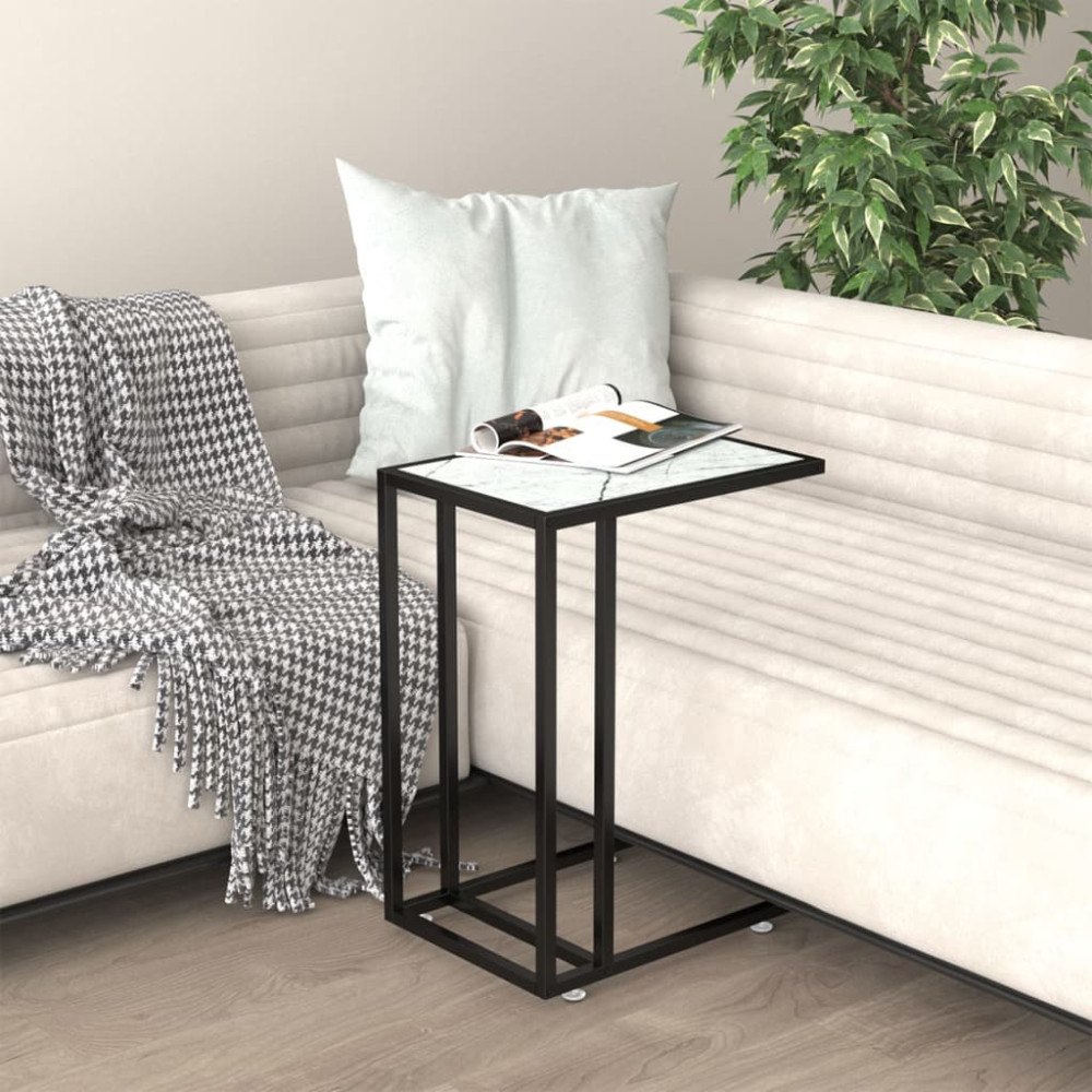 vidaXL Sidobord till datorbord vit marmor 50x35x65 cm härdat glas