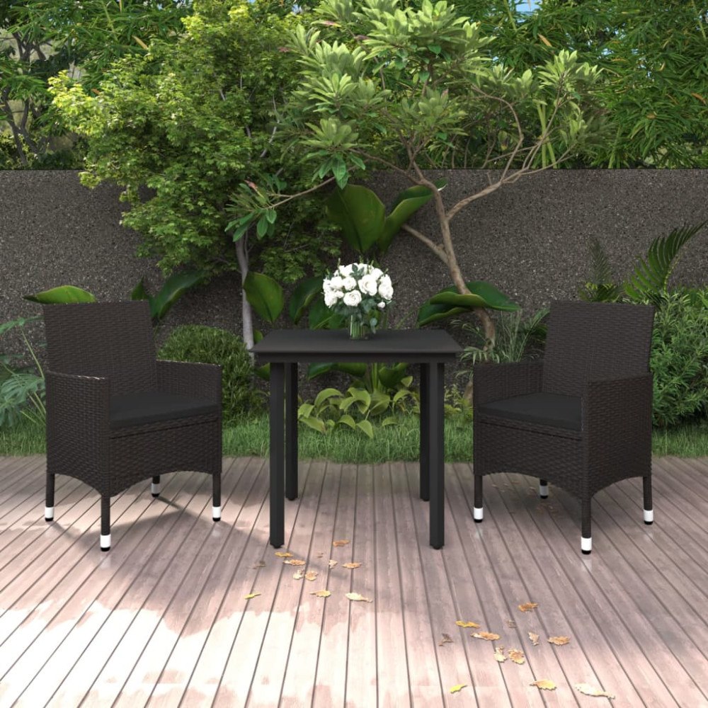 vidaXL Matgrupp för trädgården 3 delar med dynor konstrotting och glas