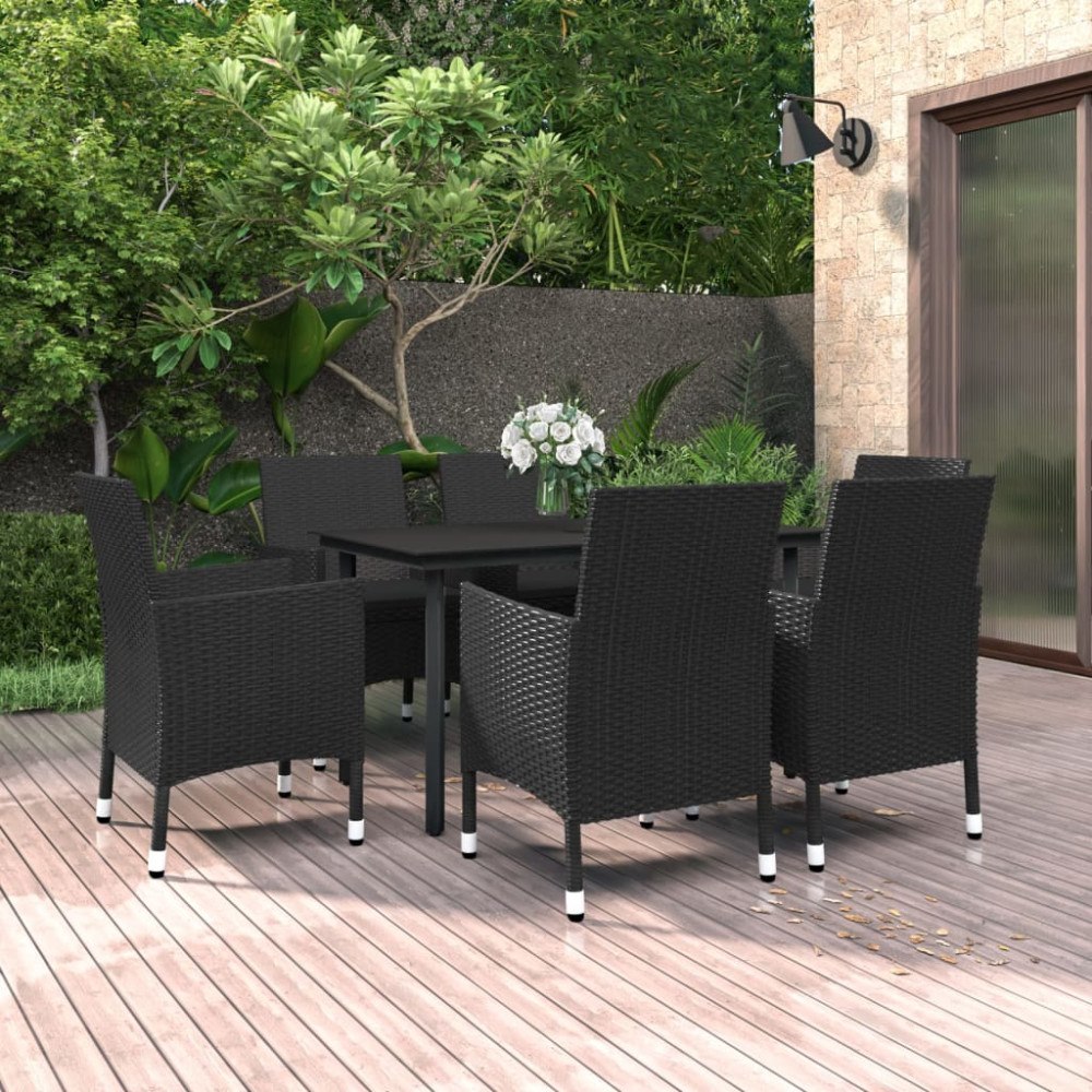 vidaXL Matgrupp för trädgården 7 delar med dynor konstrotting och glas