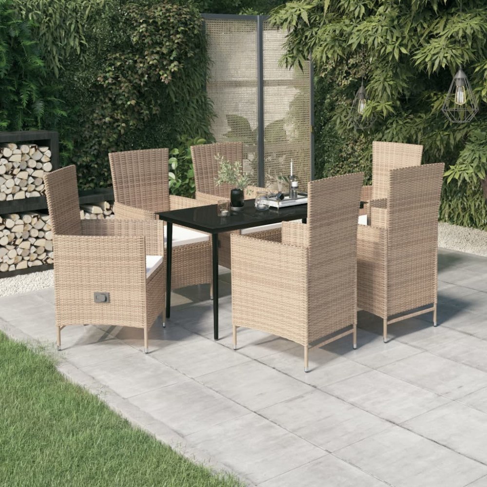 vidaXL Matgrupp för trädgården med dynor 7 delar beige