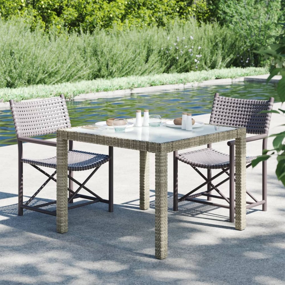 vidaXL Utebord 90x90x75 cm Härdat glas och konstrotting grå