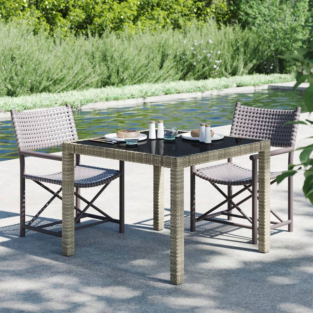 vidaXL Utebord 90x90x75 cm Härdat glas och konstrotting grå