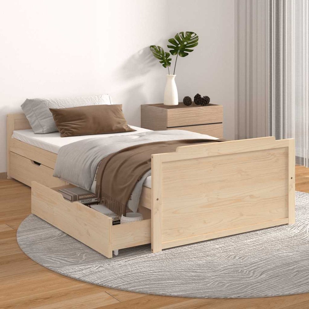 vidaXL Sängram med lådor massiv furu 90x200 cm