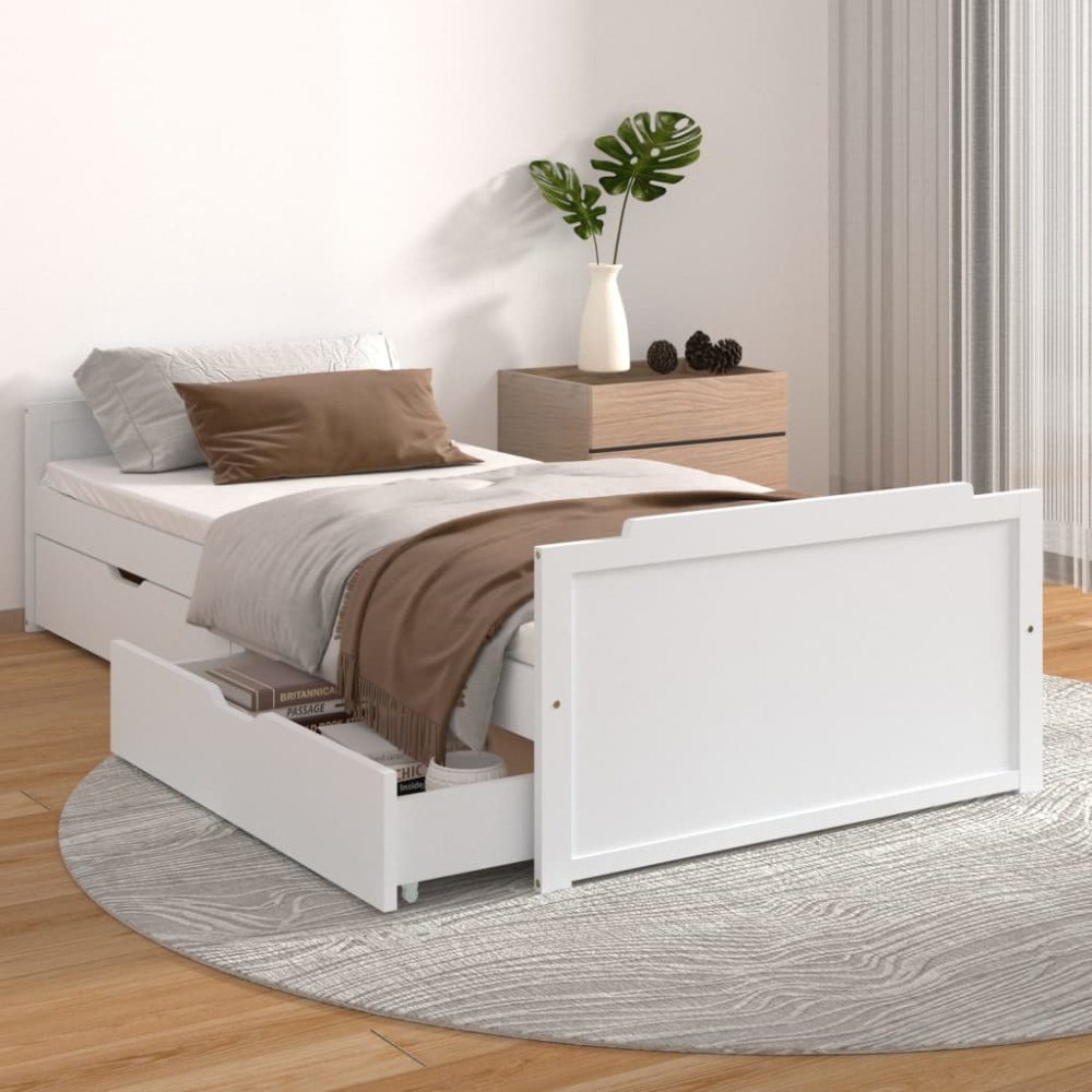 vidaXL Sängram med lådor vit massiv furu 90x200 cm