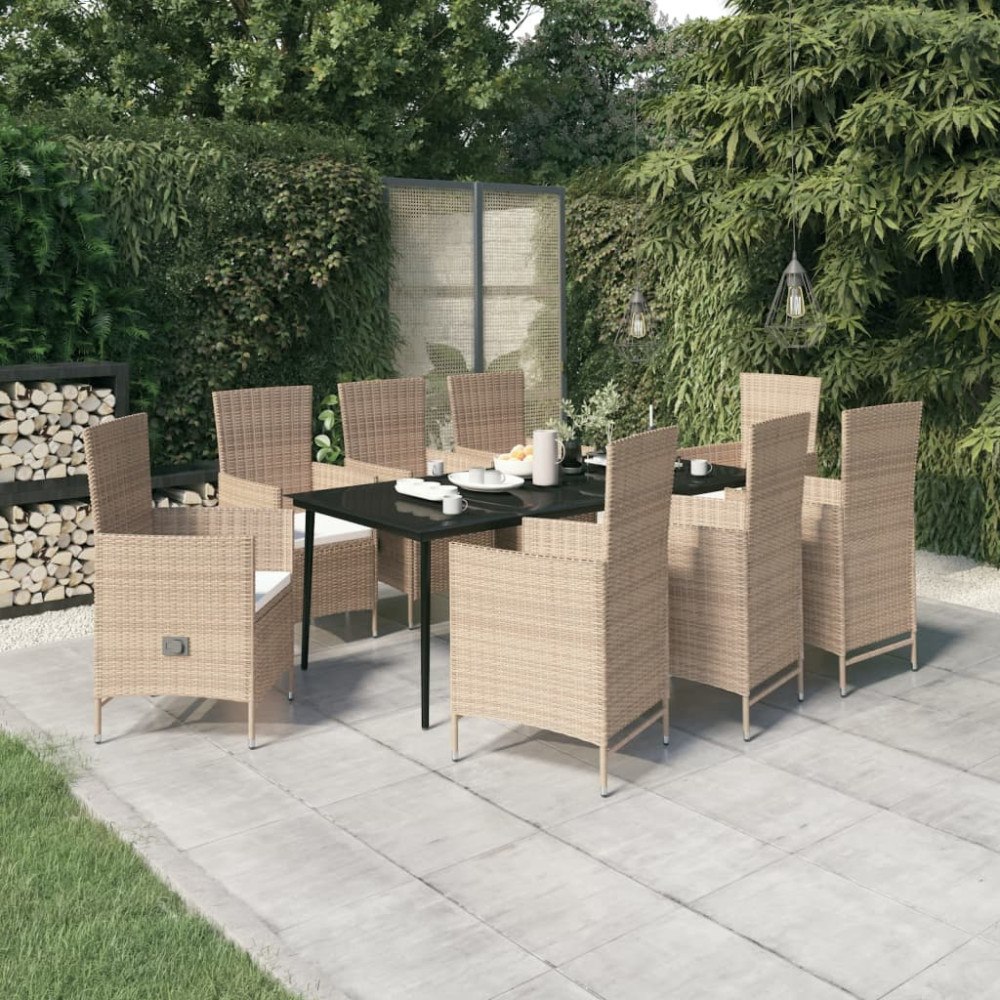 vidaXL Matgrupp för trädgården med dynor 9 delar beige