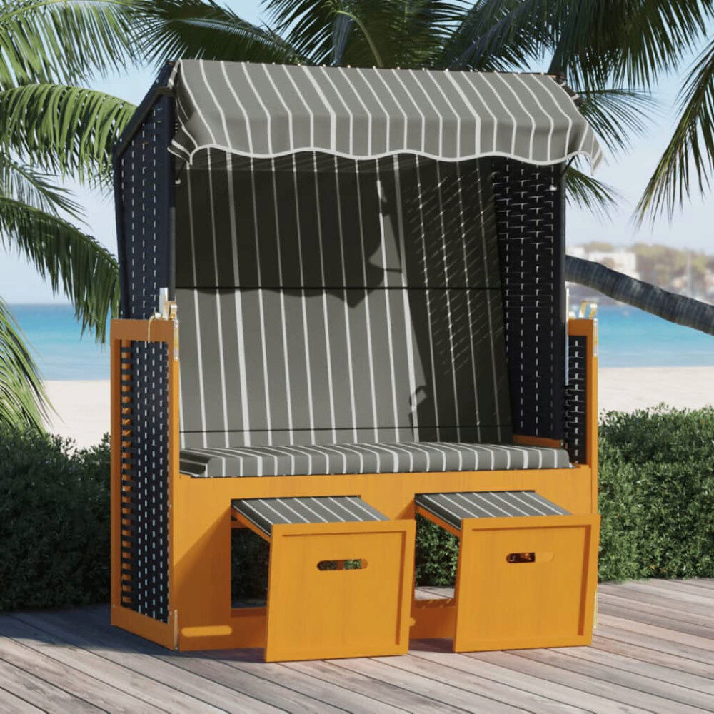 vidaXL Strandkorg med tak konstrottning och massivt trä svart & grå