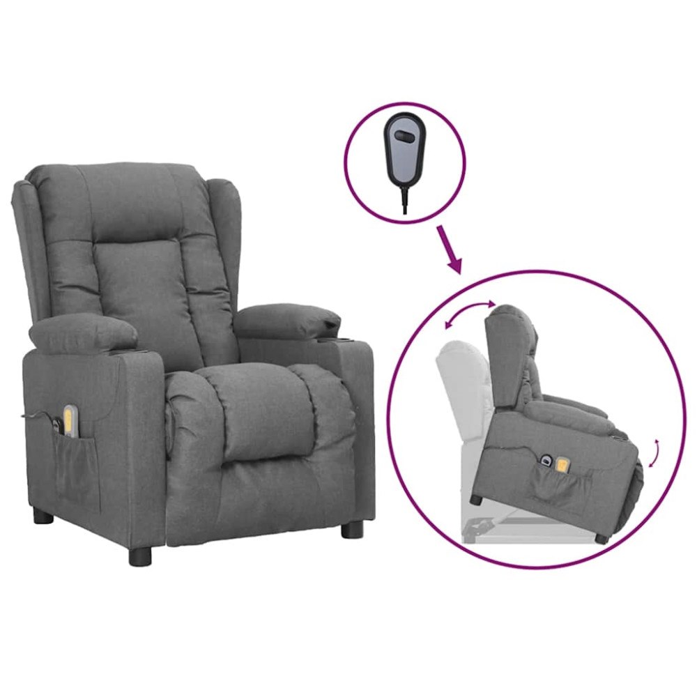 vidaXL Massagefåtölj med uppresningshjälp ljusgrå tyg