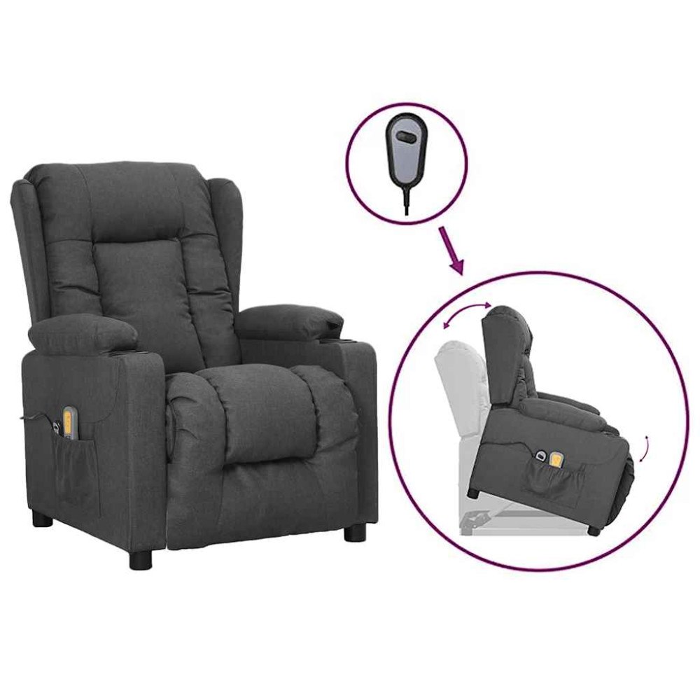 vidaXL Massagefåtölj med uppresningshjälp mörkgrå tyg