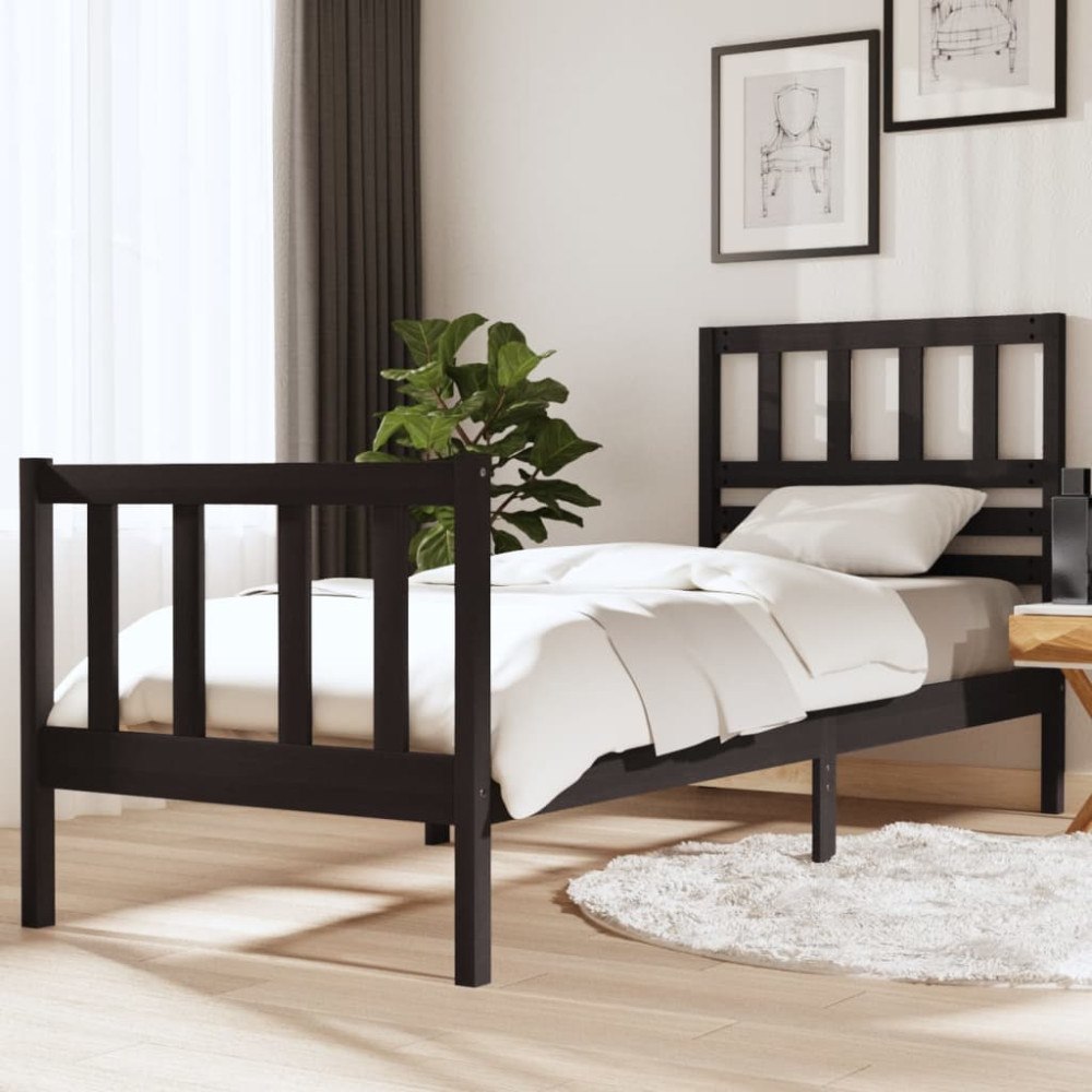 vidaXL Sängram massiv furu 75x190 cm svart