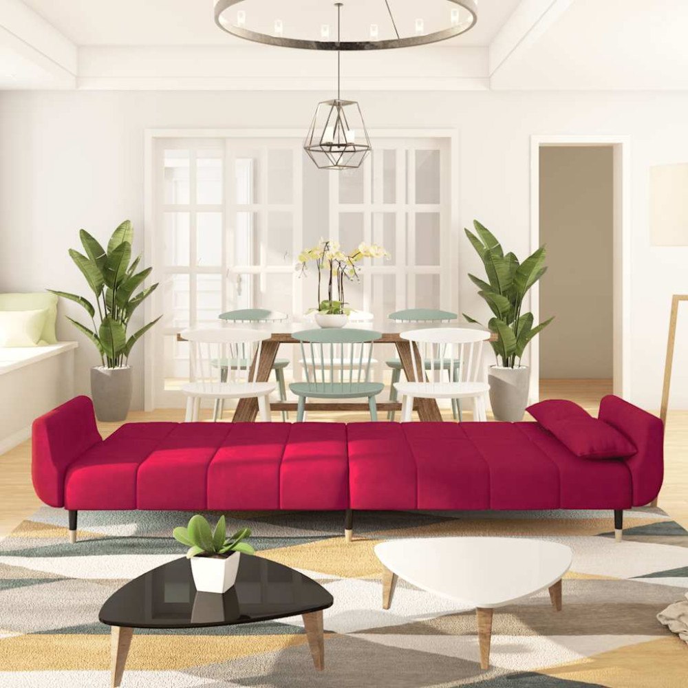 vidaXL Bäddsoffa 2-sits med två kuddar vinröd sammet