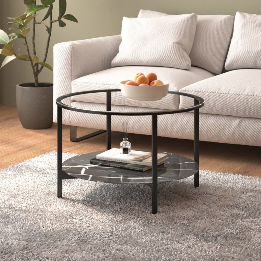 vidaXL Soffbord svart och svart marmor 70 cm härdat glas