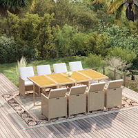 vidaXL Matgrupp för trädgården med dynor 9 delar konstrotting beige