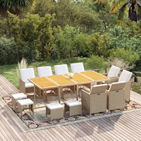 vidaXL Matgrupp för trädgården med dynor 13 delar konstrotting beige