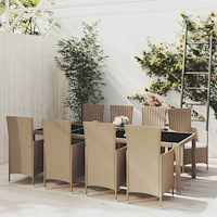 vidaXL Matgrupp för trädgården med dynor 9 delar konstrotting beige