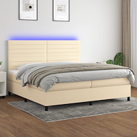 vidaXL Ramsäng med madrass & LED gräddvit 200x200 cm tyg