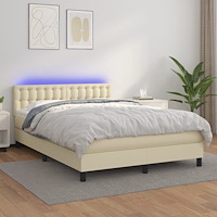 vidaXL Ramsäng med madrass & LED gräddvit 140x190 cm konstläder