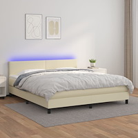 vidaXL Ramsäng med madrass & LED gräddvit 180x200 cm konstläder