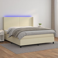 vidaXL Ramsäng med bäddmadrass & LED gräddvit 160x200 cm konstläder
