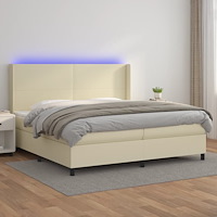vidaXL Ramsäng med madrass & LED gräddvit 200x200 cm konstläder