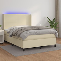 vidaXL Ramsäng med madrass & LED gräddvit 140x200 cm konstläder
