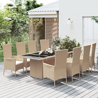 vidaXL Matgrupp för trädgården med dynor 9 delar beige konstrotting