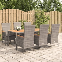vidaXL Matgrupp för trädgården med dynor 7 delar grå konstrotting