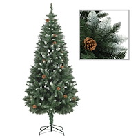 vidaXL Plastgran med kottar och vitt glitter 180 cm