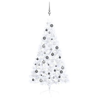 vidaXL Belyst halv plastgran med kulor vit 150 cm