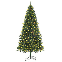 vidaXL Belyst plastgran med kulor och kottar grön 210 cm