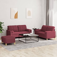 vidaXL Soffgrupp med kuddar 3 delar vinröd tyg