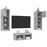 vidaXL Väggmonterade TV-skåp 4 delar LEDs betonggrå