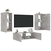 vidaXL Väggmonterade TV-skåp 3 delar LEDs betonggrå