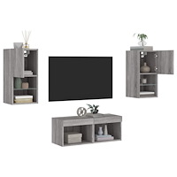 vidaXL Väggmonterade tv-skåp 4 delar med LEDs grå sonoma