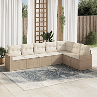 vidaXL Matgrupp för trädgården med dynor 7 delar beige konstrotting