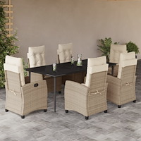vidaXL Matgrupp för trädgården med dynor 7 delar beige konstrotting