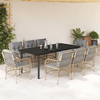vidaXL Matgrupp för trädgården med dynor 9 delar mixbeige konstrotting