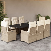 vidaXL Matgrupp för trädgården med dynor 9 delar beige konstrotting