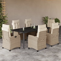 vidaXL Matgrupp för trädgården med dynor 7 delar beige konstrotting