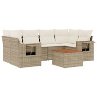 vidaXL Matgrupp för trädgården med dynor 7 delar beige konstrotting