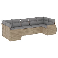 vidaXL Matgrupp för trädgården med dynor 7 delar beige konstrotting