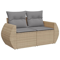 vidaXL Matgrupp för trädgården med dynor 7 delar beige konstrotting