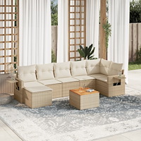 vidaXL Matgrupp för trädgården med dynor 8 delar beige konstrotting