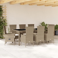 vidaXL Matgrupp för trädgården med dynor 9 delar beige konstrotting