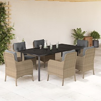 vidaXL Matgrupp för trädgården med dynor 7 delar beige konstrotting