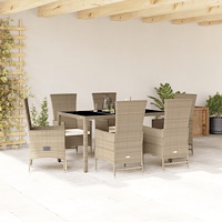 vidaXL Matgrupp för trädgården med dynor 7 delar beige konstrotting