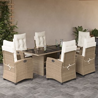 vidaXL Matgrupp för trädgården med dynor 7 delar beige konstrotting