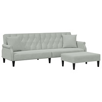 vidaXL Bäddsoffa 2-sits med kuddar och fotpall ljusgrå sammet