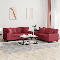 vidaXL Soffgrupp med kuddar 2 delar vinröd konstläder