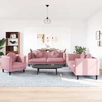 vidaXL Soffgrupp med dynor 3 delar rosa sammet