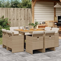 vidaXL Matgrupp för trädgården med dynor 9 delar beige konstrotting